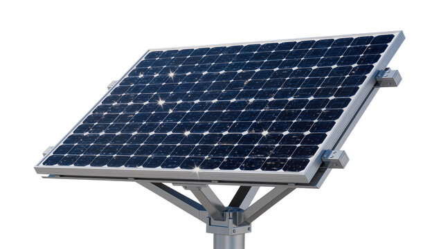 Dark blue photovoltaic solar panel with metallic frame, isolated on transparent background