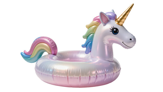 Iridescent inflatable unicorn pool float with rainbow mane and tail, isolated on transparent background