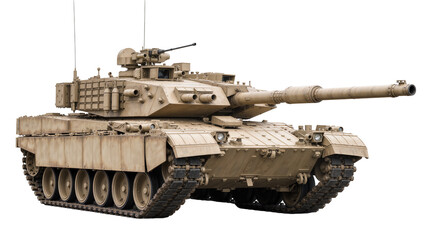Modern tan main battle tank with turret-mounted machine gun, isolated on transparent background © Aliona