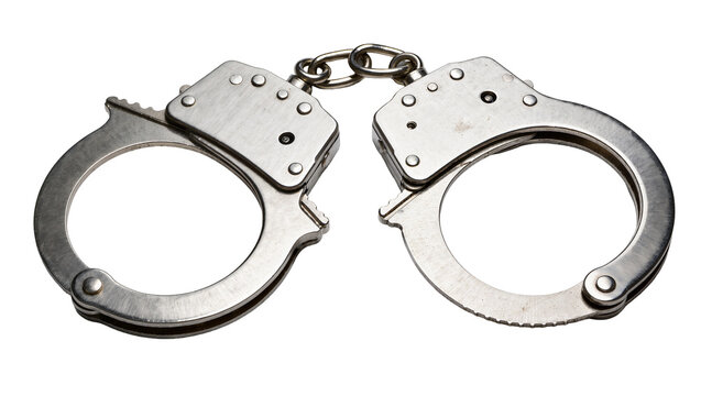 Shiny metal handcuffs with double lock mechanism, isolated on transparent background