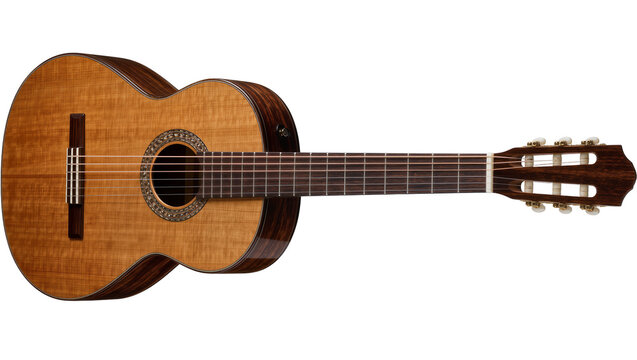 Acoustic guitar with polished wood body and metal strings, isolated on transparent background