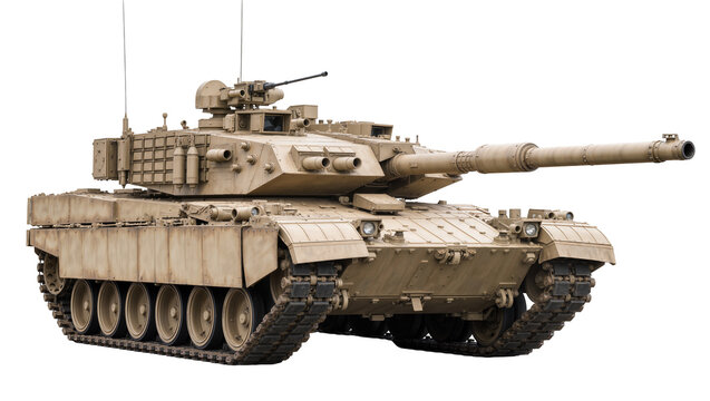 Modern tan main battle tank with turret-mounted machine gun, isolated on transparent background