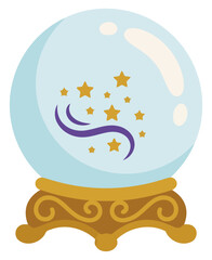 Fototapeta premium Magic crystal ball on an ornate golden stand with floating stars and purple energy swirls