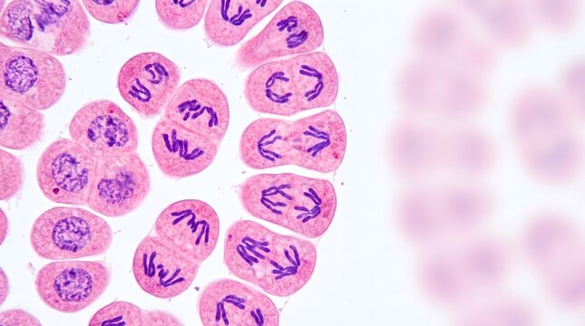 Light micrograph of plant cells undergoing mitosis, showing purple chromosomes in various stages of cell division.