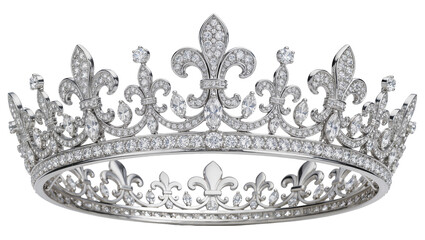 Ornate diamond-encrusted platinum tiara with fleur-de-lis motifs, isolated on transparent background © Viktor