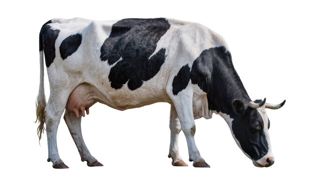 Black and white Holstein cow with udder grazing, isolated on transparent background