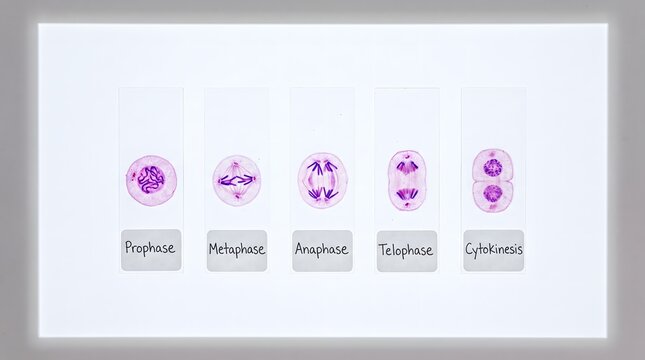 Educational chart displaying microscope slides of cell mitosis stages from prophase to cytokinesis.