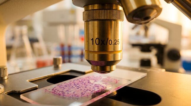 Close-up of a golden microscope objective lens focusing on a pink stained histology tissue slide.