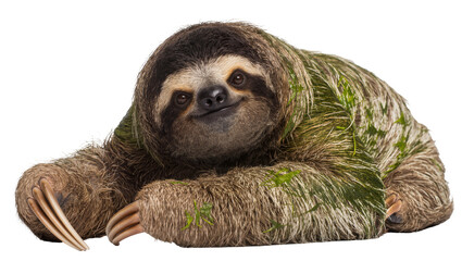 Obraz premium Three-toed sloth with algae growth on fur, isolated on transparent background