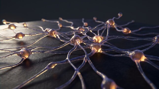 Glowing neural network with interconnected synapse nodes on a dark background, brain activity and nervous system concept.