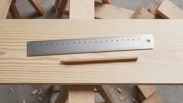Metal ruler and pencil lying on clean wooden board