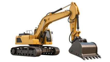 Yellow excavator with large bucket and tracks, isolated on transparent background © Viktor