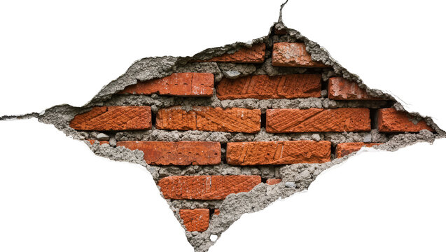 Cracked red brick wall with rough concrete edges, isolated on transparent background