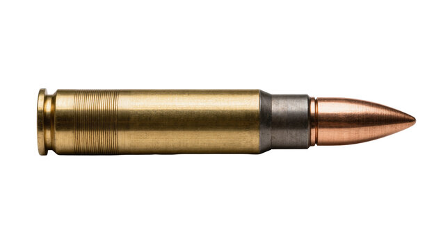 Golden brass cartridge with copper bullet and steel casing, isolated on transparent background