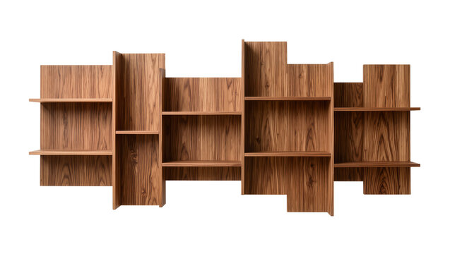 Modern modular wooden bookshelf with irregular geometric shelves, isolated on transparent background