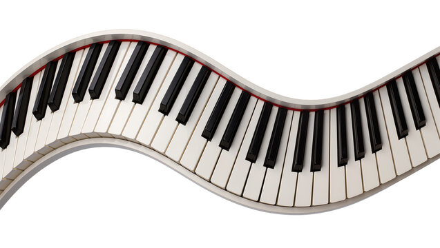 Wavy piano keyboard with black and white keys, isolated on transparent background