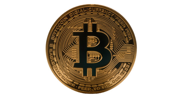 Golden Bitcoin coin with B symbol, isolated on transparent background