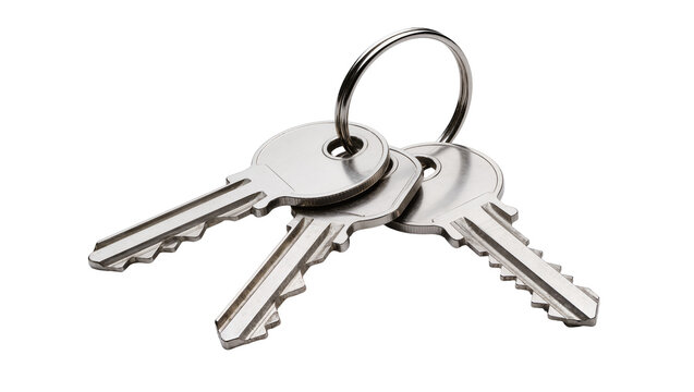 Three silver metal keys on a ring, isolated on transparent background