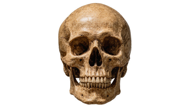 Weathered human skull with visible teeth and eye sockets, isolated on transparent background