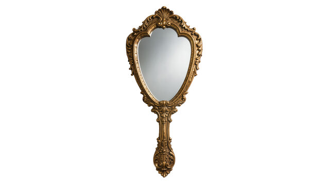 Ornate golden baroque hand mirror with heart-shaped glass, isolated on transparent background