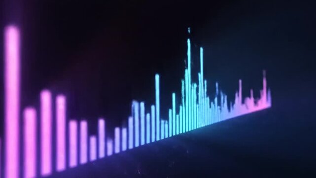 Audio Spectrum Visualizer: A vibrant audio spectrum visualizer displays fluctuating sound waves in neon pink and blue hues against a dark, atmospheric backdrop.