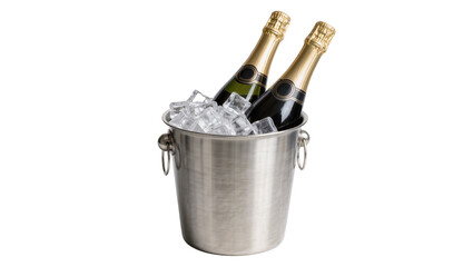Two champagne bottles chilling in a metal ice bucket with ice cubes, isolated on transparent background © Aliona