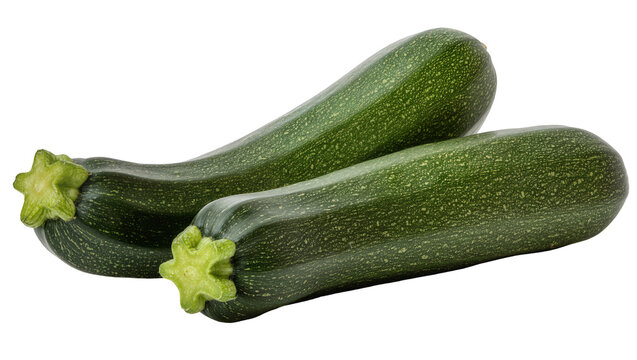 Two fresh green zucchini with star-shaped stems, isolated on transparent background