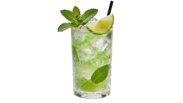 Tall glass of mojito cocktail with ice mint and lime, isolated on transparent background