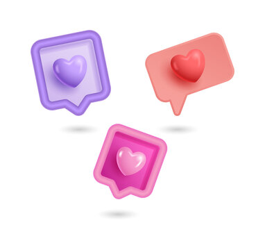 Colorful 3D heart icons for social media love on transparent background