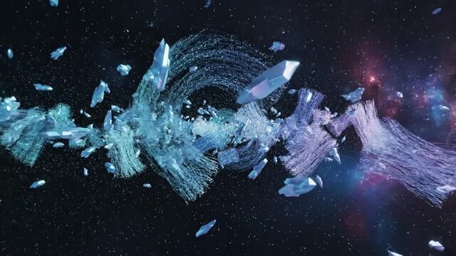 Cosmic Crystal Shard Cascade: Ethereal crystal shards drift through the vast expanse of space, illuminated by distant nebulas, suggesting a celestial phenomenon of immense beauty and mystery.