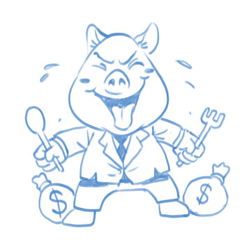 Playful yet pointed hand drawn gluttonous pig illustration created as a satirical metaphor for corrupt authority and excessive greed. Confident expression, formal clothing, and exaggerated pose sugges