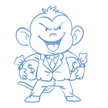 Satirical hand drawn monkey character representing greed, corruption, and abuse of power. The expressive figure wears a formal outfit and carries an exaggerated, self-important appearance, creating a 