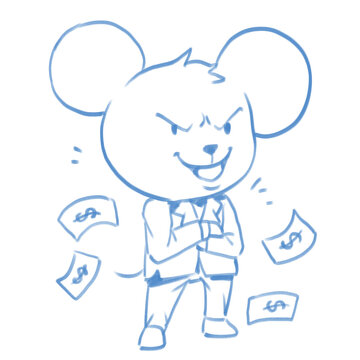 Hand drawn mouse character designed as a satirical commentary on political power, corruption, and unchecked greed. The oversized ears and confident expression contrast with the character's formal appe