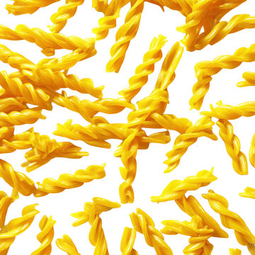 Raw dry fusilli pasta noodles scattered isolated on transparent background