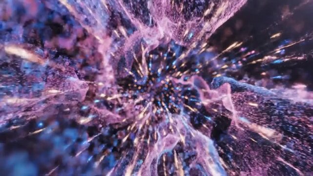 Abstract Cosmic Explosion: Swirling nebulae in shades of purple and pink ignite with bursts of golden light, creating a mesmerizing.