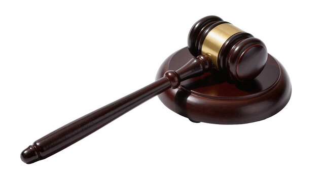 Dark polished wood gavel with brass band, isolated on transparent background
