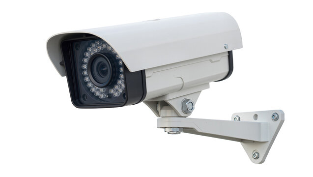 White security camera with infrared LEDs mounted on bracket, isolated on transparent background