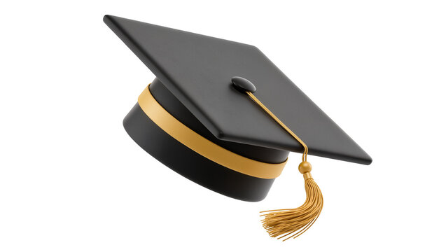Black graduation cap with gold tassel and band, isolated on transparent background