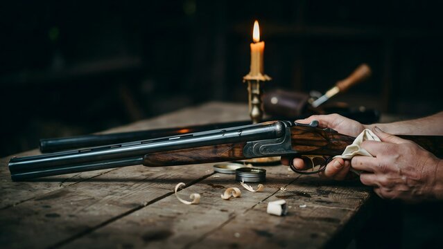 Traditional wooden rifle resting on rustic wooden table with person handling it
