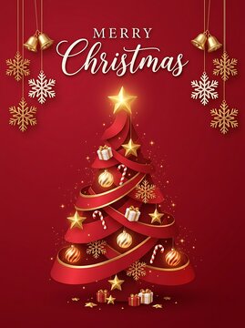 Christmas tree with golden decorations and red ribbons on red background