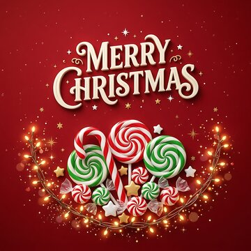 Merry christmas greeting card with candy canes and lollipops