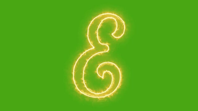 Glowing golden letter e neon sign animation with fire effect on green screen background, alphabet typography