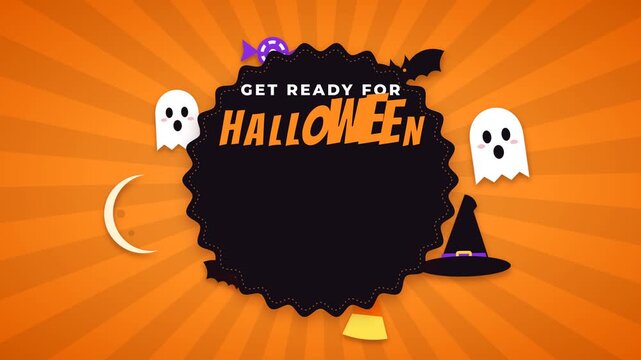 Orange Halloween mega sale banner with cute ghosts, bats and a discount badge