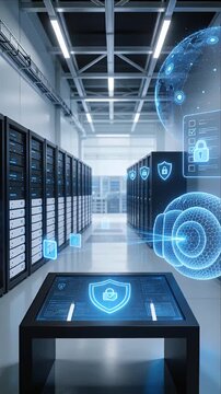 Cybersecurity Data Center Server Rack Cybersecurity Interface with Glowing Digital Shield, Cloud Network Protection, Secure Technology Visualization, and Futuristic Information Security Facility