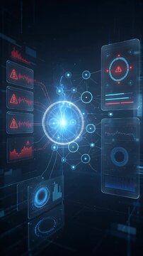 Cybersecurity Futuristic Cybersecurity Interface with Glowing Blue Data Network, Digital Warning Panel, Alert Dashboard, and Data Sphere for Advanced Cyber Security Innovation