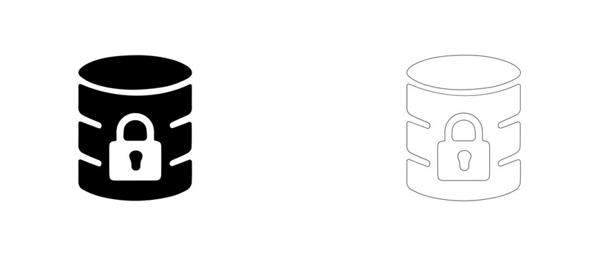 Encrypted database cylinder with lock vector icon filled and outline, secure data storage and server protection symbol.