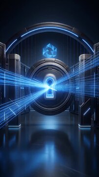 Cybersecurity Futuristic Blue Energy Portal, Radiant Light Beam Illuminating Technological Chamber, Secure Digital Server Vault with Glowing Keyhole and Advanced Cyber Shield Environment