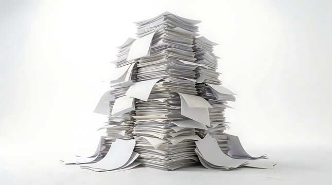 Large stack of papers isolated on white background