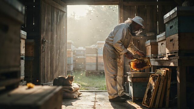 Beekeeper in Protective Suit Inspecting Hive Comb with Bee Frames in apiary