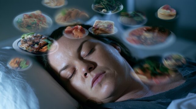 Woman asleep in bed dreaming of floating plates of food around her head. Close-up of sleeping face with blurred dishes in air. Food cravings and dreams concept. Night hunger, diet temptation